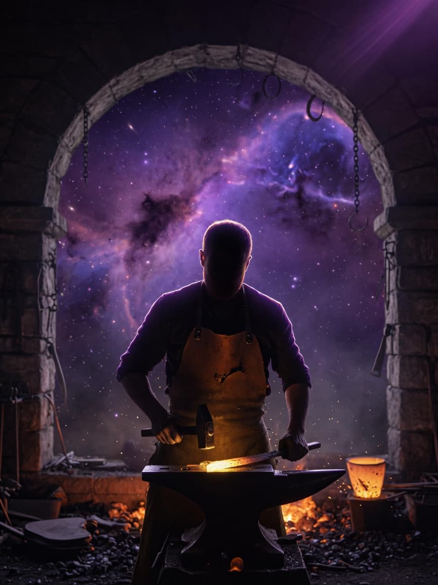 A silhouetted smith at an anvil, facing a nebula through a workshop arch